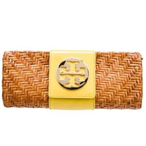 Tory Burch Tan Brown and Yellow Wicker Woven Clutch Purse